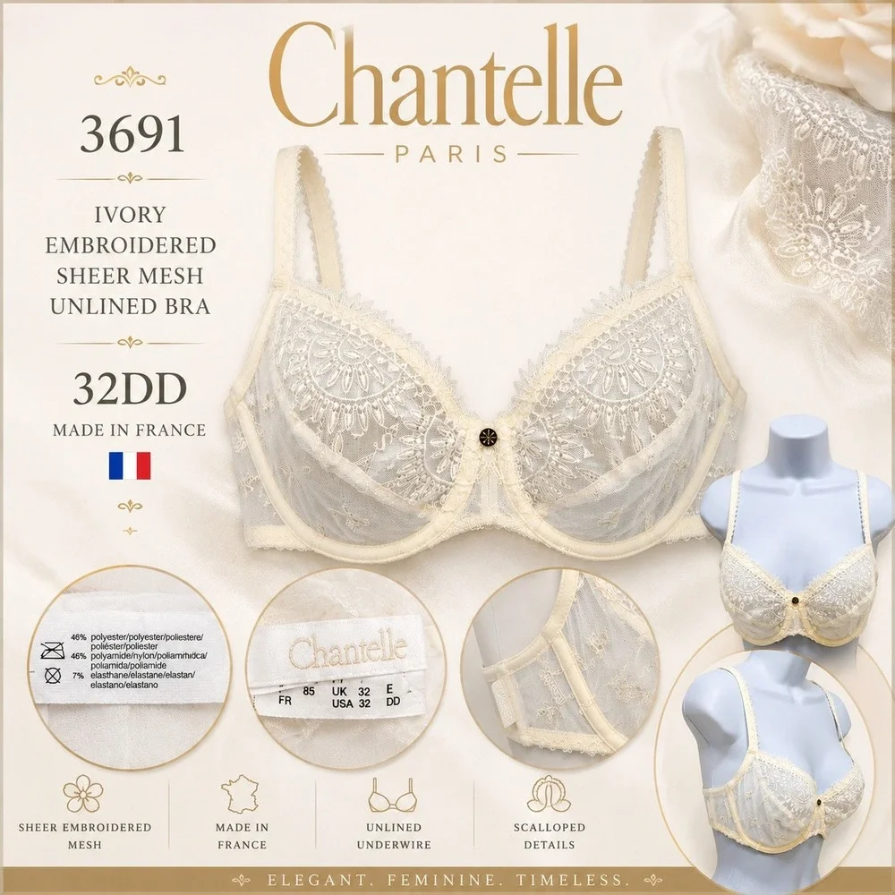 Vintage Y2K Chantelle Paris Lace Embroidered Sheer Mesh Bra‎ 32DD Made in France
